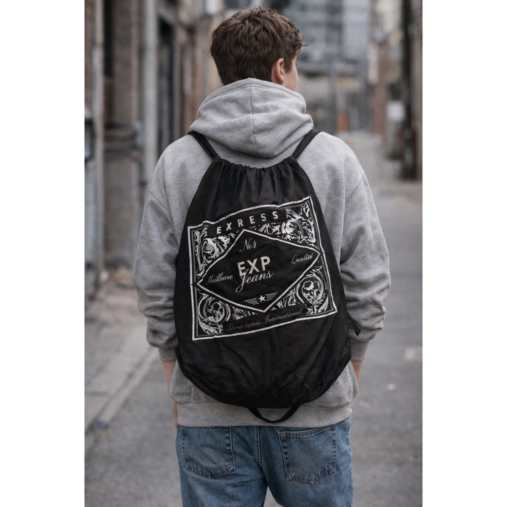 Vintage Express Drawstring‎ Duffle Bag Black Logo Cinch Sack Y2K